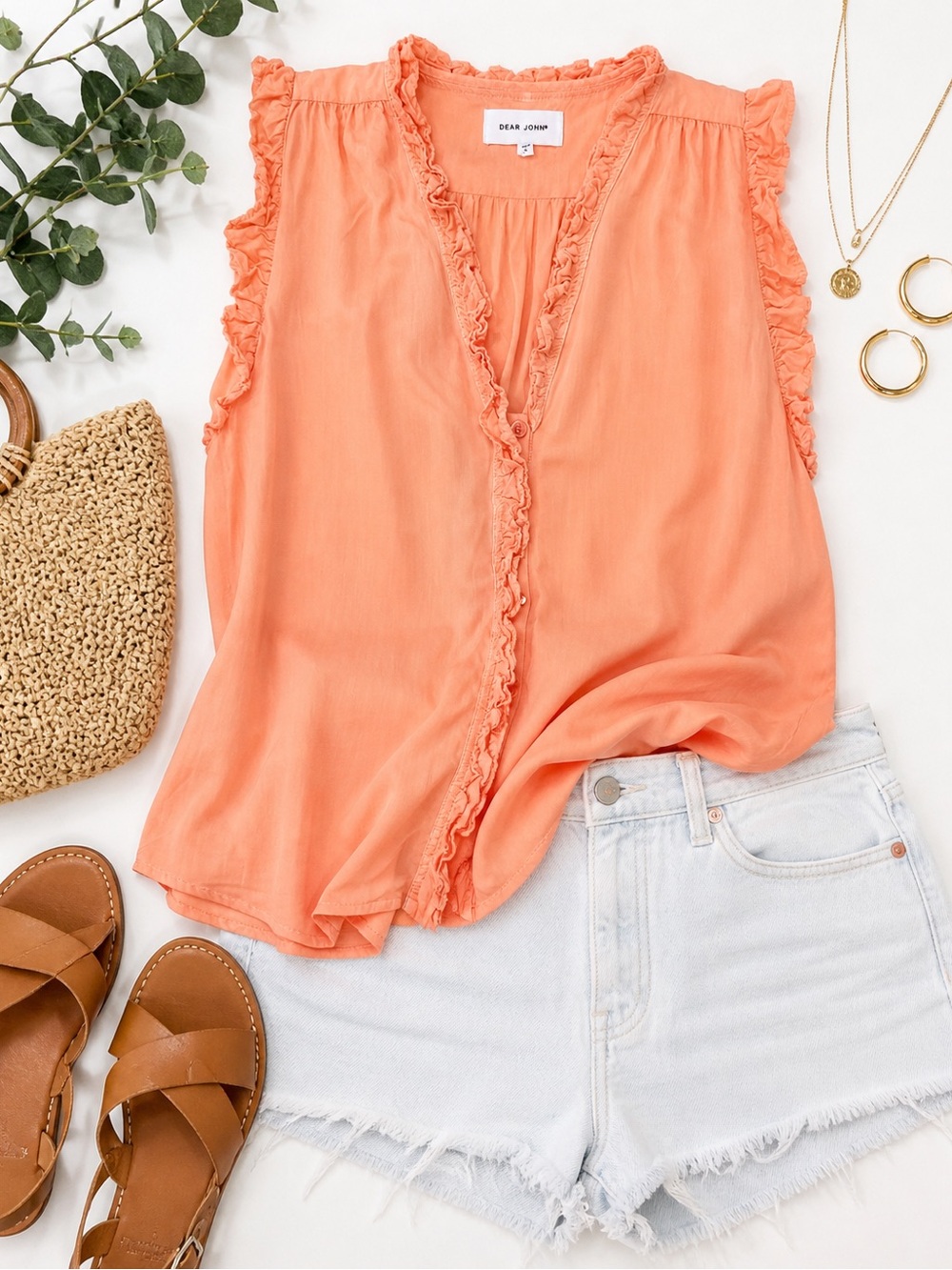 Dear John Peach Ruffle Trim Sleeveless Blouse